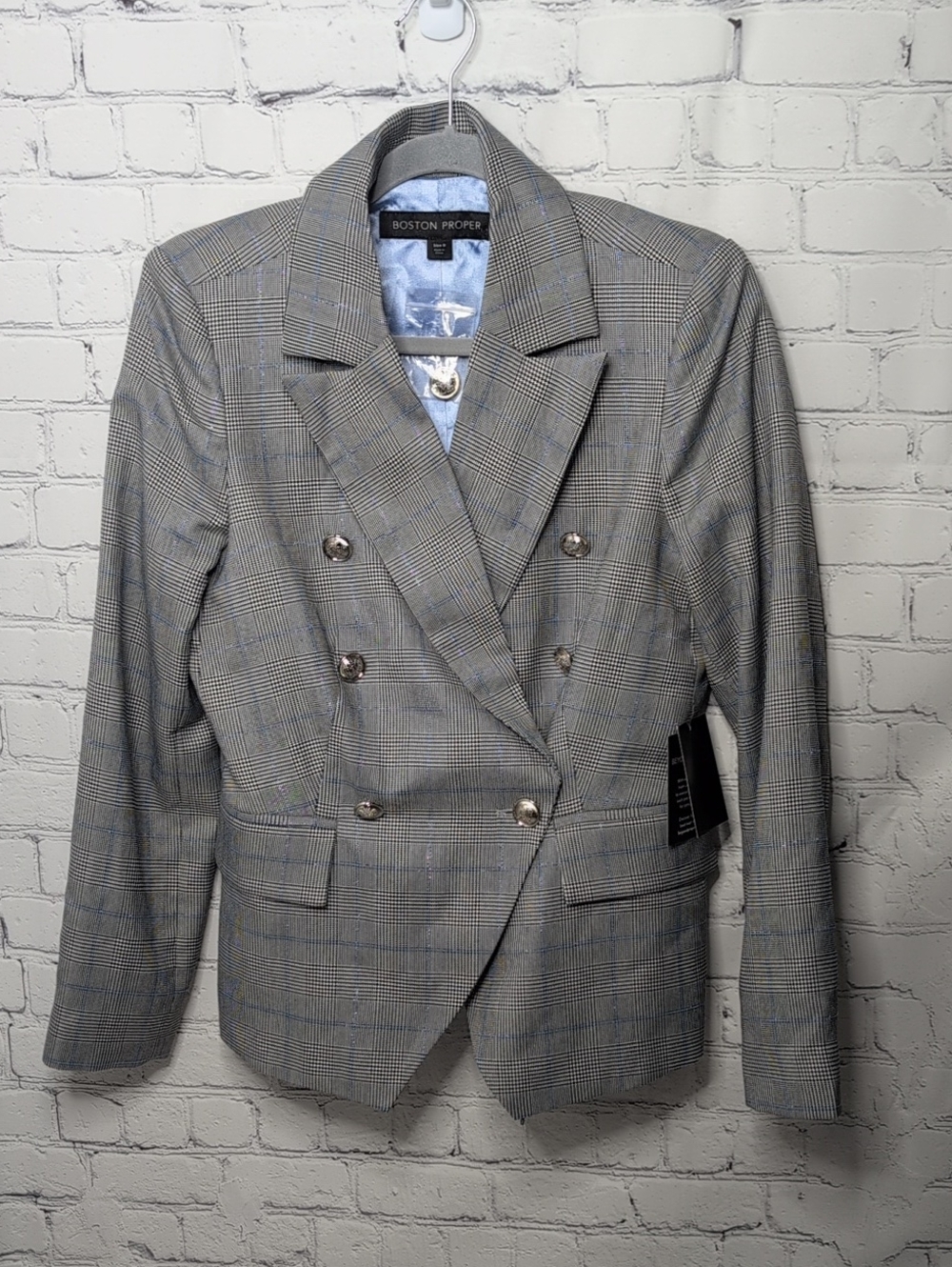 New Boston Proper Double Breasted Plaid Blazer